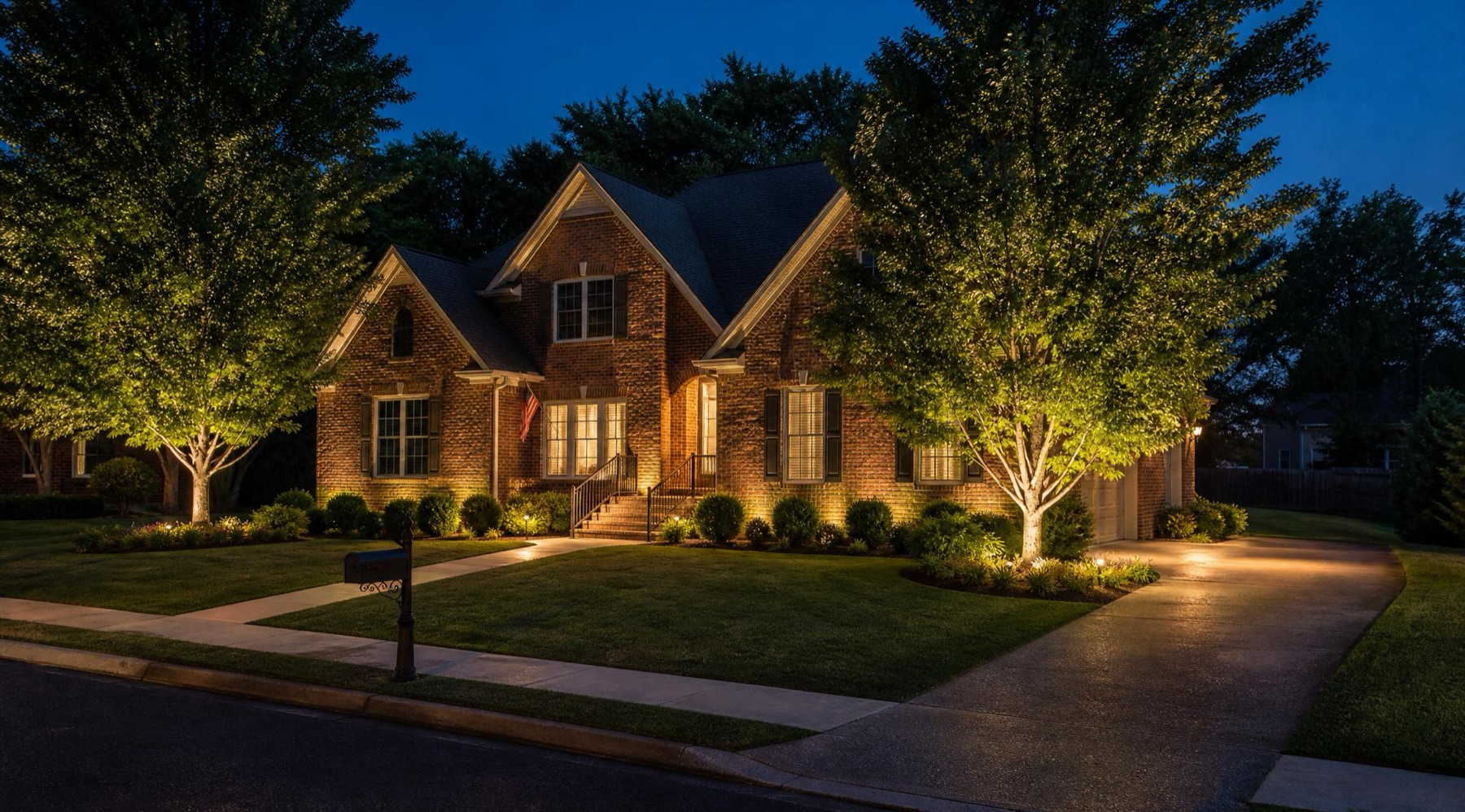 Concept: three-quarter nighttime view of a brick home