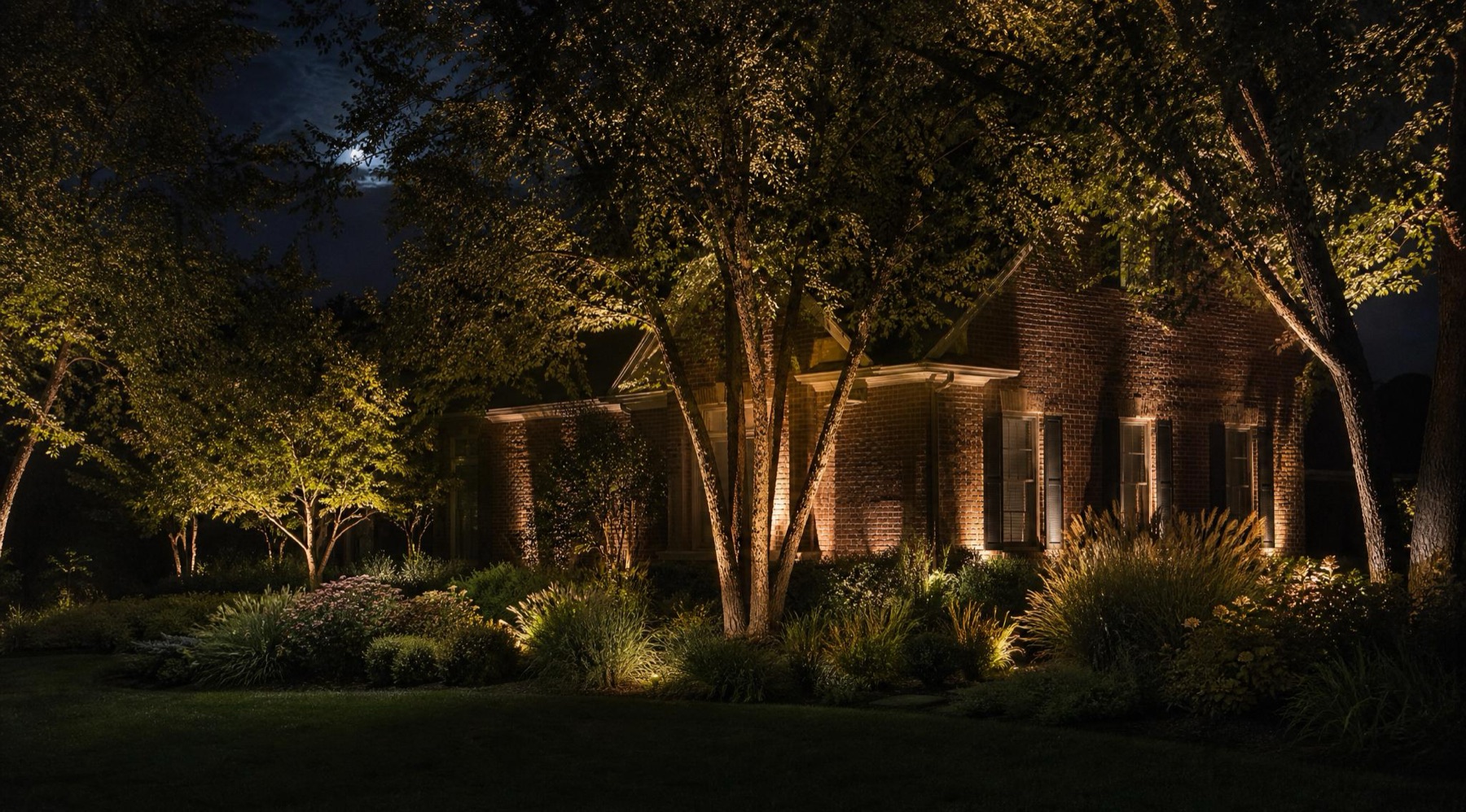 Concept: moonlit yard with uplit mature trees and brick facade